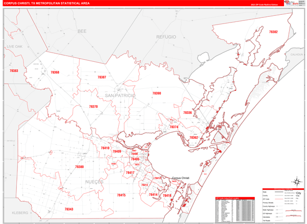 Corpus Christi Metro Area Digital Map Red Line Style